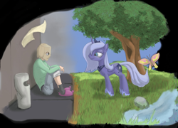 Size: 1200x862 | Tagged: dead source, safe, artist:phoreen, princess luna, oc, oc:anon, alicorn, butterfly, human, pony, duo, paper bag, s1 luna, sad, smiling, trash can