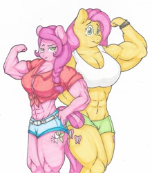Size: 1280x1457 | Tagged: safe, artist:zacharyisaacs, fluttershy, oc, oc:honey suckle, anthro, earth pony, pegasus, abs, anthro oc, bangles, biceps, breasts, clothes, colored, cutie mark, duo, female, flexing, front knot midriff, hootershy, jewelry, looking at you, mare, midriff, muscles, muscleshy, shirt, shorts, simple background, thunder thighs, white background
