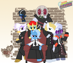 Size: 800x686 | Tagged: safe, artist:sonic-chaos, derpibooru import, gilda, hoity toity, prince blueblood, trixie, oc, griffon, parasprite, anime, clothes, crossover, hitman reborn, katekyo hitman reborn, mafia, reborn, sethisto, suit, sunglasses