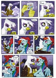 Size: 1142x1600 | Tagged: safe, artist:crookedtrees, derpibooru import, gilda, rainbow dash, griffon, pegasus, pony, blushing, cloud, comic, crying, duo, duo female, female, gildash, good end, hat, hug, lesbian, looking at each other, mare, photo, present, santa hat, shipping, snow, snowfall