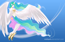 Size: 1024x659 | Tagged: safe, artist:mistiqarts, princess celestia, elf ears, horned humanization, humanized, solo, winged humanization