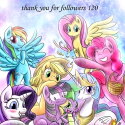 Size: 1280x1280 | Tagged: safe, artist:kyodashiro, applejack, fluttershy, pinkie pie, princess celestia, rainbow dash, rarity, spike, twilight sparkle, alicorn, dragon, earth pony, pegasus, pony, unicorn, mane seven, mane six