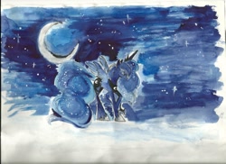 Size: 1048x762 | Tagged: safe, artist:l3l0uch, princess luna, alicorn, pony, moon, solo, stars, traditional art, watercolor painting