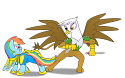 Size: 800x500 | Tagged: safe, artist:therecliner27, derpibooru import, gilda, rainbow dash, griffon, pegasus, pony, duo, duo female, female, fight, mare, simple background, spread wings, white background, wings