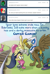 Size: 640x928 | Tagged: safe, artist:giantmosquito, derpibooru import, fluttershy, gilda, lily, lily valley, earth pony, griffon, pegasus, pony, ask, ask-dr-adorable, captain clamor, dastardly whiplash, dr adorable, female, mare, train tracks, tumblr, wide eyes