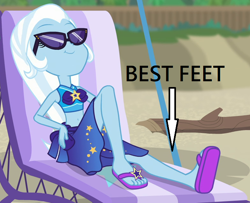 Size: 780x632 | Tagged: safe, edit, edited screencap, screencap, trixie, better together, equestria girls, forgotten friendship, belly button, clothes, feet, flip-flops, foot fetish, sandals, swimsuit