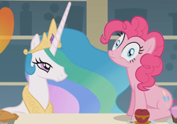 Size: 671x472 | Tagged: safe, screencap, pinkie pie, princess celestia, alicorn, earth pony, pony, a bird in the hoof, apple, female, food, mare, sitting, wide eyes