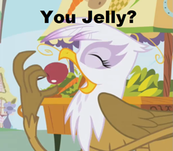 Size: 649x565 | Tagged: safe, derpibooru import, gilda, griffon, apple, eating, eyes closed, food, image macro, prehensile tail, solo