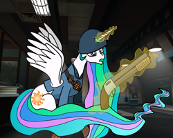 Size: 1000x800 | Tagged: safe, artist:dylanpwnznoobz, princess celestia, alicorn, pony, gun, shotgun, soldier, solo, team fortress 2