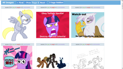 Size: 1600x900 | Tagged: safe, derpibooru import, screencap, derpy hooves, gilda, twilight sparkle, griffon, pegasus, pony, unicorn, exploitable meme, female, juxtaposition, juxtaposition win, mare, meta