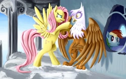 Size: 1600x1000 | Tagged: safe, artist:fantdragon, derpibooru import, fluttershy, gilda, rainbow dash, griffon, pegasus, pony, bipedal, scrunchy face