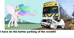 Size: 887x457 | Tagged: safe, princess celestia, alicorn, pony, borat english, car, connex, crash, parking, saftey, train