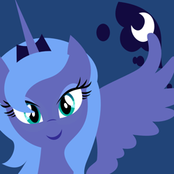 Size: 1000x1000 | Tagged: safe, artist:demonreapergirl, princess luna, alicorn, pony, blue background, bust, cutie mark background, female, horn, jewelry, lineless, looking at you, mare, portrait, s1 luna, simple background, smiling, solo, spread wings, tiara, wings