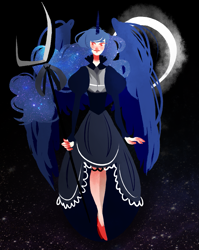 Size: 957x1200 | Tagged: safe, artist:kvitrika, princess luna, clothes, crescent moon, dress, horned humanization, humanized, scepter, solo, winged humanization