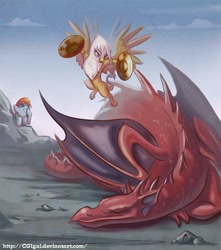 Size: 800x904 | Tagged: safe, artist:cgigal, derpibooru import, gilda, rainbow dash, dragon, griffon, pegasus, pony