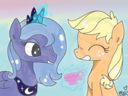 Size: 320x240 | Tagged: safe, artist:ponypocky317, applejack, princess luna, alicorn, earth pony, pony, s1 luna, tea