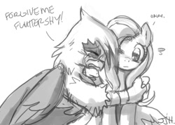 Size: 900x642 | Tagged: safe, artist:johnjoseco, derpibooru import, fluttershy, gilda, griffon, pegasus, pony, crying, grayscale, hug, monochrome