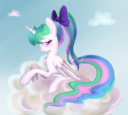 Size: 1024x925 | Tagged: safe, artist:moon petals, princess celestia, alicorn, pony, alternate hairstyle, bow, cloud, cloudy, cute, cutelestia, hnnng, ponytail, solo, teenager, younger