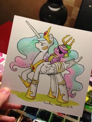 Size: 768x1024 | Tagged: safe, artist:katiecandraw, idw, princess celestia, spike, alicorn, dragon, pony, bandage, bandaid, eyepatch, injured, riding, traditional art, trident, weapon