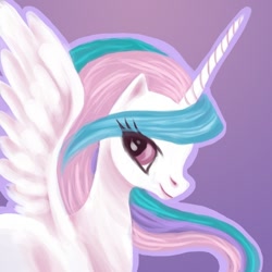 Size: 500x500 | Tagged: safe, artist:okuko, princess celestia, alicorn, pony, bust, female, horn, mare, multicolored mane, solo, white coat