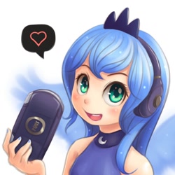 Size: 800x800 | Tagged: safe, artist:ninjaham, princess luna, human, blushing, bust, clothes, female, gamer luna, headphones, headset, heart, humanized, looking at you, open mouth, playstation portable, psp, simple background, solo, white background