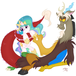 Size: 1100x1100 | Tagged: safe, artist:falleninthedark, discord, princess celestia, alicorn, pony, discord being discord, filly