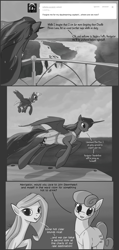 Size: 836x1753 | Tagged: safe, artist:marbleyarns, bon bon, princess luna, sweetie drops, thunderlane, oc, oc:dawnheart, alicorn, pony, airship, ask, captain luna, comic, flying, hat, monochrome, river, tumblr, under a paper moon, waterfall