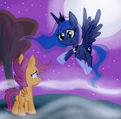 Size: 1823x1792 | Tagged: safe, artist:daisy-dictator, princess luna, scootaloo, alicorn, pony, moon, night