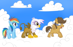 Size: 1200x787 | Tagged: safe, artist:madmax, derpibooru import, gilda, hoops, rainbow dash, griffon, pegasus, pony, colt, crying, cub, filly