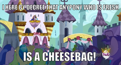 Size: 823x444 | Tagged: safe, amethyst star, daisy, flower wishes, merry may, princess celestia, princess luna, rainbowshine, sea swirl, seafoam, sparkler, twilight sparkle, alicorn, pony, magical mystery cure, ashens, caption, cheesebags, hub logo, image macro