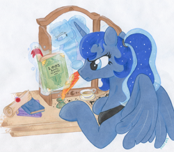 Size: 1088x950 | Tagged: safe, artist:foxxy-arts, princess luna, alicorn, pony, alternate hairstyle, book, mirror, ponytail, quill, reflection, scroll, solo, traditional art