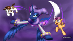 Size: 1920x1080 | Tagged: safe, artist:da-goddamn-batguy, pipsqueak, princess luna, scootaloo, alicorn, earth pony, pegasus, pony, crossover, dream walker luna, flying, nights, nights into dreams, reference, sega, wallpaper