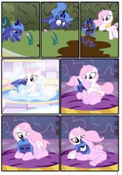 Size: 1741x2500 | Tagged: safe, artist:pyruvate, princess celestia, princess luna, alicorn, butterfly, pony, bath, cewestia, clothes, comic, cute, cutelestia, filly, footed sleeper, lunabetes, mud, outdoors, pajamas, scrunchy face, woona