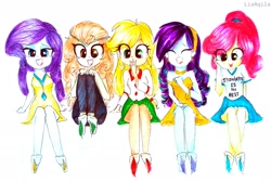 Size: 2323x1549 | Tagged: safe, artist:liaaqila, applejack, autumn blaze, coloratura, rarity, strawberry sunrise, equestria girls, applejack gets all the mares, applerise, autumberry colorarijack, autumnjack, awwtumn blaze, barefoot, bedroom eyes, bracelet, choker, clothes, commission, cute, dress, ear piercing, earring, equestria girls-ified, eyes closed, eyeshadow, feather, feet, female, fetish, foot fetish, hairband, hand over mouth, jackabetes, jeans, jewelry, lesbian, makeup, open mouth, pants, piercing, polyamory, rara, rarabetes, rarajack, raribetes, rarijack, shipping, shirt, signature, simple background, skirt, strawwberry sunrise, t-shirt, tickle fetish, tickle torture, tickling, tongue out, traditional art, white background