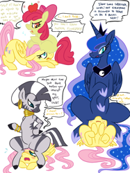 Size: 672x900 | Tagged: source needed, safe, artist:elslowmo, artist:purplekecleon, apple bloom, fluttershy, princess luna, zecora, alicorn, pegasus, pony, zebra, blushing, dialogue, facesitting, female, flutterseat, forced, lesbian, pony hat