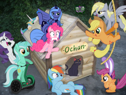 Size: 400x300 | Tagged: safe, applejack, derpy hooves, lyra heartstrings, pinkie pie, princess celestia, princess luna, rainbow dash, rarity, scootaloo, twilight sparkle, alicorn, earth pony, pegasus, pony, unicorn, 0chan, female, kennel, mare