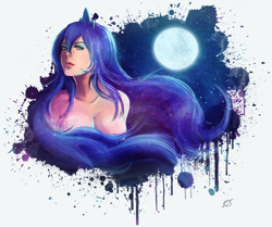 Size: 1000x837 | Tagged: safe, artist:songoftheshoebox, princess luna, cleavage, female, humanized, moon, solo