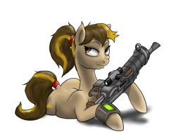 Size: 1032x774 | Tagged: safe, artist:slouping, oc, oc only, fallout equestria, assault rifle, both cutie marks, fallout, fallout 4, gift art, gun, looking back, pipbuck, plot, plump, ponytail, prone, rifle, shadow, simple background, solo, the ass was fat, weapon