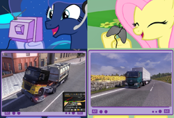 Size: 1018x692 | Tagged: safe, fluttershy, princess luna, alicorn, pegasus, pony, car crash, euro truck simulator 2, exploitable meme, gamer luna, gamer meme, gamershy, sunflower, tv meme