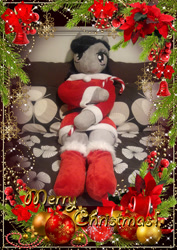 Size: 955x1350 | Tagged: safe, artist:bigsexyplush, artist:somethingaboutoctavia, octavia melody, anthro, anthro plushie, bed, bedroom eyes, belt, candy, candy cane, card, christmas, christmas card, christmas stocking, clothes, costume, cute, doll, dress, food, hearth's warming, hearth's warming eve, holiday, irl, photo, plushie, socks, socktavia, stockings, thigh highs, thunder thighs, toy, wide hips