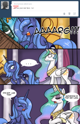 Size: 645x1000 | Tagged: safe, artist:pijinpyon, princess celestia, princess luna, alicorn, pony, ask, ask little luna, blushing, s1 luna, tumblr