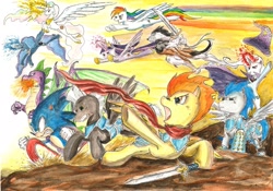 Size: 2333x1633 | Tagged: safe, artist:souleatersaku90, princess celestia, princess luna, rainbow dash, soarin', spike, spitfire, thunderlane, trixie, twilight sparkle, twilight sparkle (alicorn), oc, oc:fox trot, alicorn, dragon, pegasus, pony, armor, commission, crossover, female, mare, sonic the hedgehog, sonic the hedgehog (series), sword, traditional art, watercolor painting