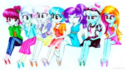 Size: 2126x1195 | Tagged: safe, artist:liaaqila, coco pommel, fleur-de-lis, photo finish, rarity, sassy saddles, suri polomare, upper crust, equestria girls, alternate hairstyle, barefoot, belt, bow, bracelet, choker, clothes, coat, commission, crossed legs, cute, dress, ear piercing, earring, equestria girls-ified, evening gloves, eyes closed, eyeshadow, feather, feet, female, fetish, foot fetish, glasses, gloves, hair bow, hoodie, jeans, jewelry, laughing, long gloves, makeup, necktie, open mouth, pants, photo finish is unamused, piercing, ponytail, shirt, signature, simple background, skirt, tickle fetish, tickle torture, tickling, traditional art, unamused, white background