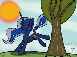 Size: 1280x953 | Tagged: safe, artist:tarragon2000, princess luna, alicorn, pony, 30 minute art challenge, applebucking, eyes closed, solo, swapped cutie marks, tree