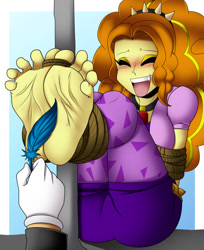 Size: 1280x1571 | Tagged: safe, artist:cyborg-steve, adagio dazzle, human, equestria girls, adagio dat-azzle, ass, barefoot, bondage, butt, clothes, eyes closed, feather, feet, female, fetish, foot fetish, foot focus, hand, human male, laughing, leggings, male, offscreen character, open mouth, ropes, solo, tickle fetish, tickle torture, tickling, underass