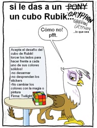 Size: 555x730 | Tagged: safe, artist:frank1605, artist:kturtle, derpibooru import, gilda, griffon, comic, rubik's cube, spanish, translation