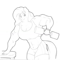 Size: 1280x1283 | Tagged: safe, artist:zacharyisaacs, fluttershy, anthro, pegasus, abs, armpits, bangles, biceps, breasts, clothes, deltoids, dumbbell (object), female, gym uniform, hootershy, jewelry, mare, monochrome, muscles, muscleshy, simple background, solo, sweatdrop, swole, table, thunder thighs, tumblr comic, white background