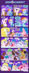 Size: 1041x2624 | Tagged: safe, artist:sorcerushorserus, derpibooru import, brolly, derpy hooves, dumbbell, firefly, gilda, hoops, quarterback, rainbow dash, score, surprise, whitewash, oc, griffon, pegasus, pony, comic:dash academy, g1, argie ribbs, baby ribbs, clothes, comic, douchebag, dress, female, g1 to g4, generation leap, male, mare, stallion