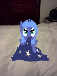 Size: 1536x2048 | Tagged: safe, artist:luisbonilla, princess luna, pony, bed, blanket, filly, irl, photo, ponies in real life, solo, vector, woona