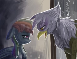 Size: 1025x785 | Tagged: safe, artist:terrac0tta, derpibooru import, gilda, rainbow dash, griffon, pegasus, pony, crying